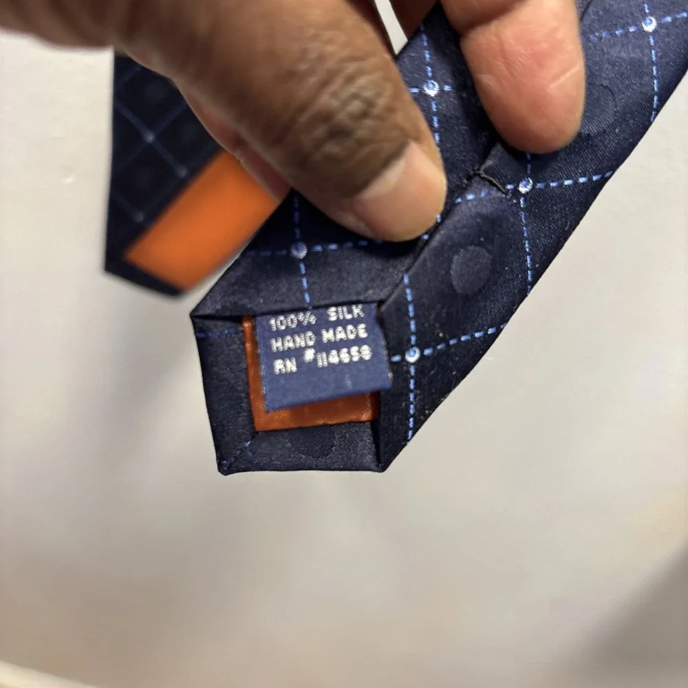 Nyne Silk Necktie Mens OS Navy Blue Geometric Diamond Polka Dot Hand Made Tie